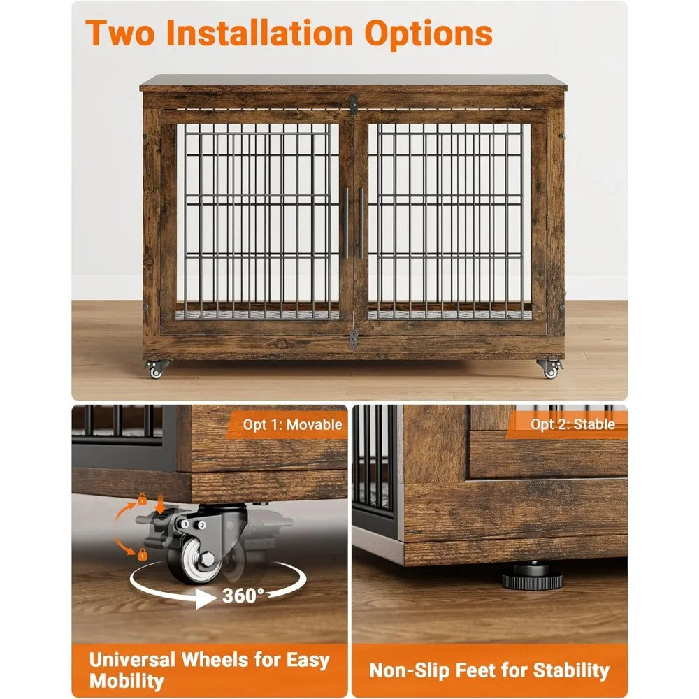 Dog Crate Wooden Furniture with Cushion Set For 2