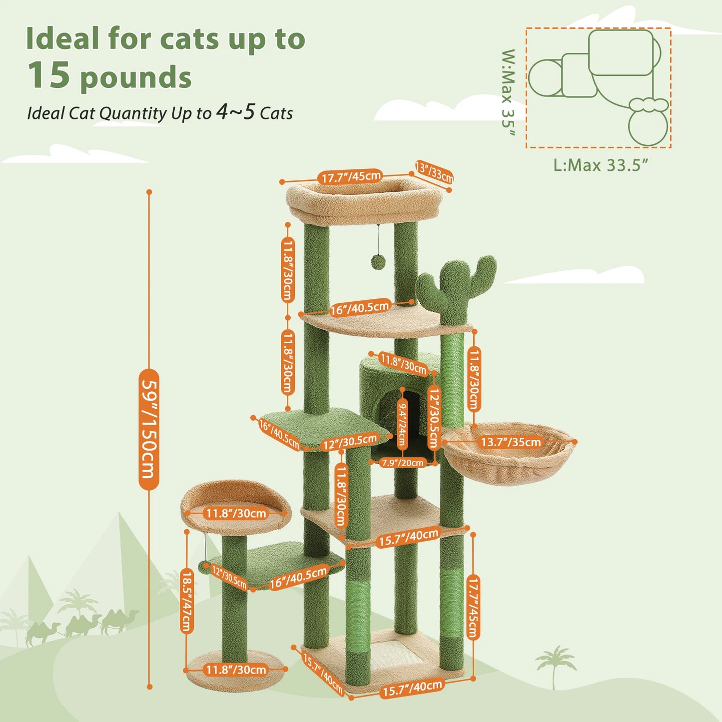 Tall Cactus Cat Tree for Large Cat Multi-Level Tower