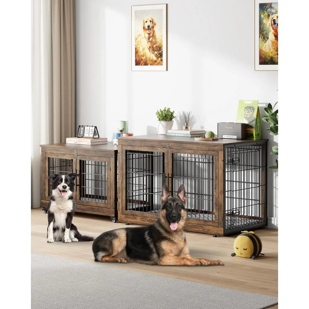 Dog Crate Wooden Furniture with Cushion Set For 2