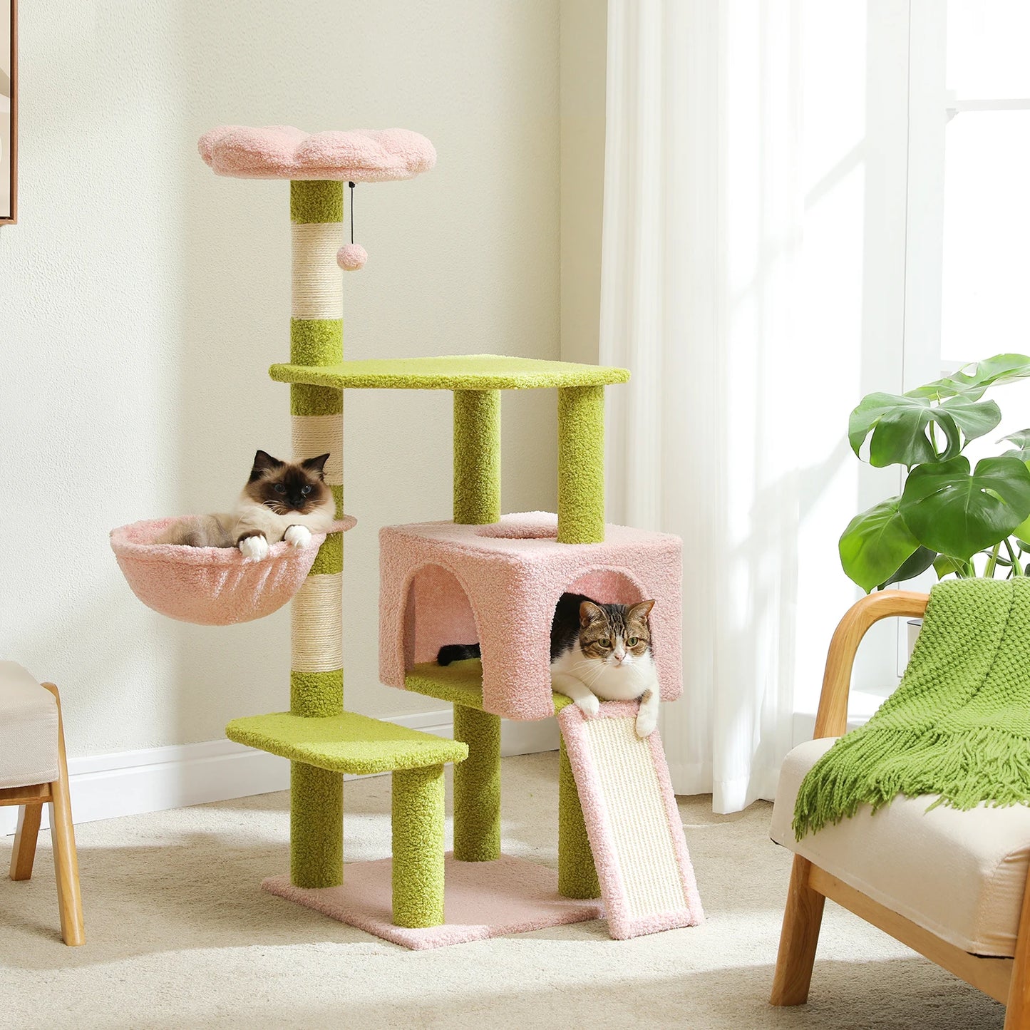 Flower Tree Multi-Level Cat Tower with Covered Scratching Posts