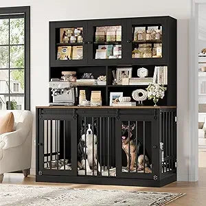Dog Indoor Crate Furniture with Feeding Bowls