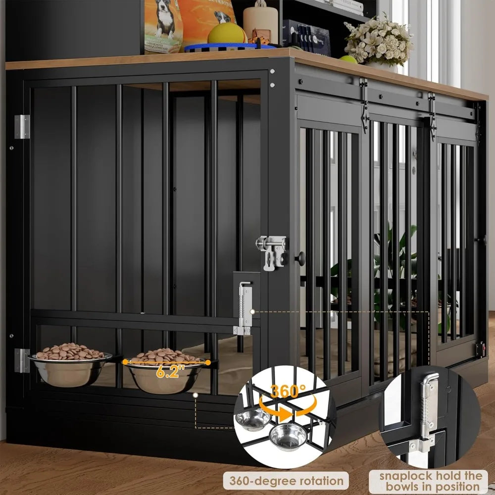 Dog Indoor Crate Furniture with Feeding Bowls