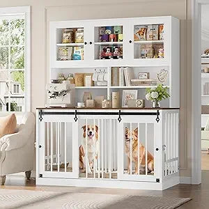 Dog Indoor Crate Furniture with Feeding Bowls