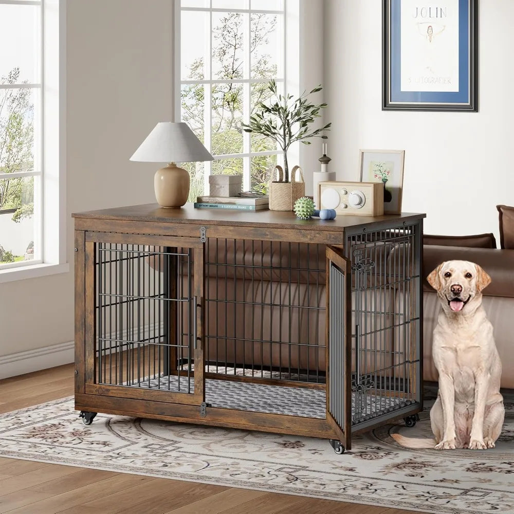 Dog Crate Wooden Furniture with Cushion Set For 2