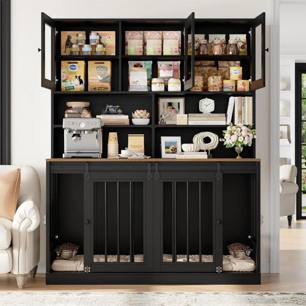 Dog Indoor Crate Furniture with Feeding Bowls