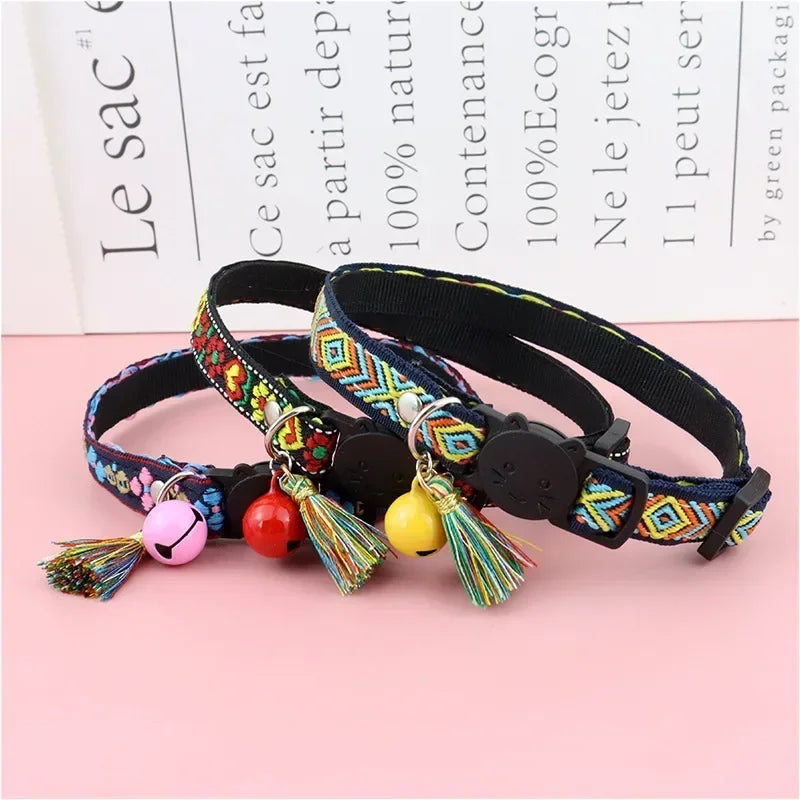Adjustable cat collar with tassels and bells embellished