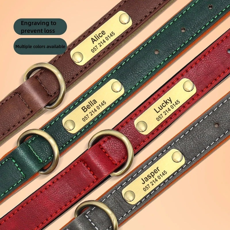 Customized Leather ID Nameplate Dog Collar Adjustable Soft Padded Dogs Collars Free Engraving Name for Small Medium Large Dogs
