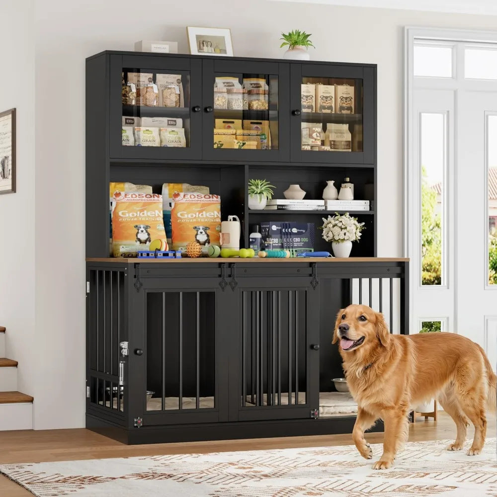 Dog Indoor Crate Furniture with Feeding Bowls