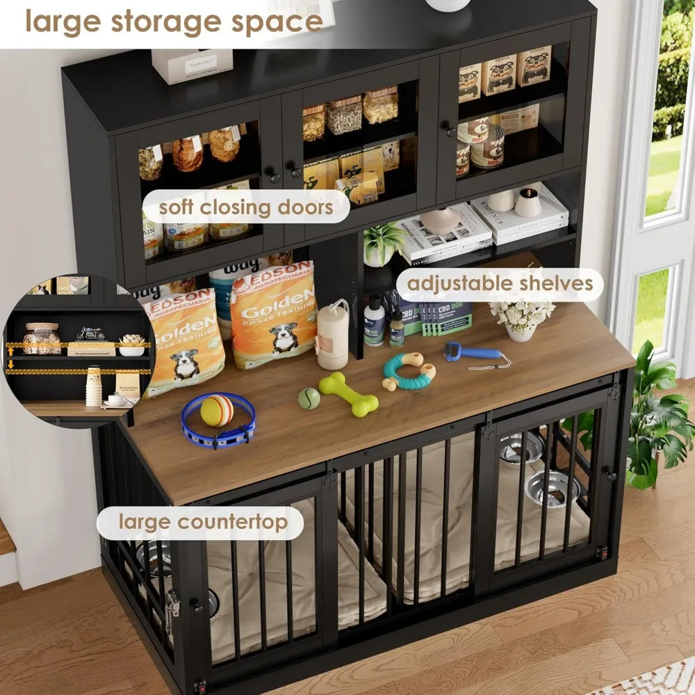 Dog Indoor Crate Furniture with Feeding Bowls