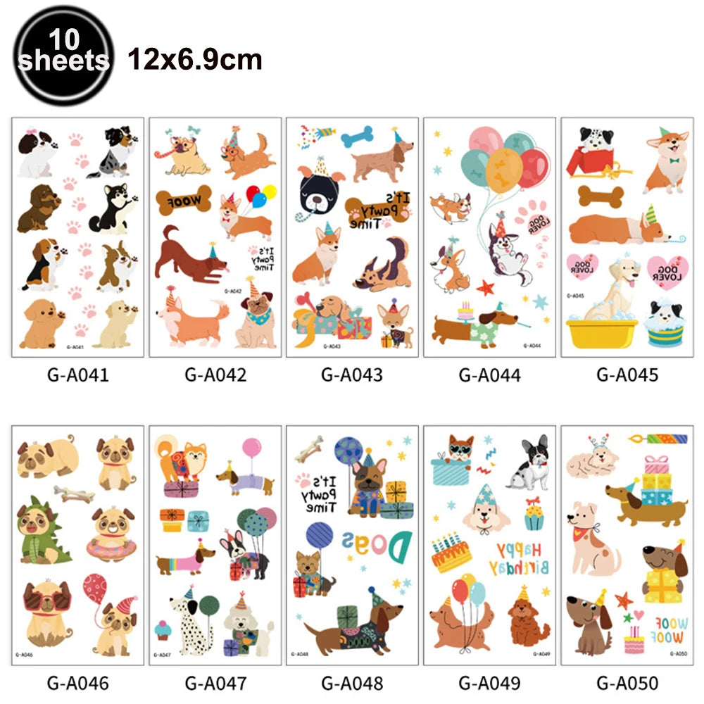 10 Sheets Cute Dog Tattoos Temporary