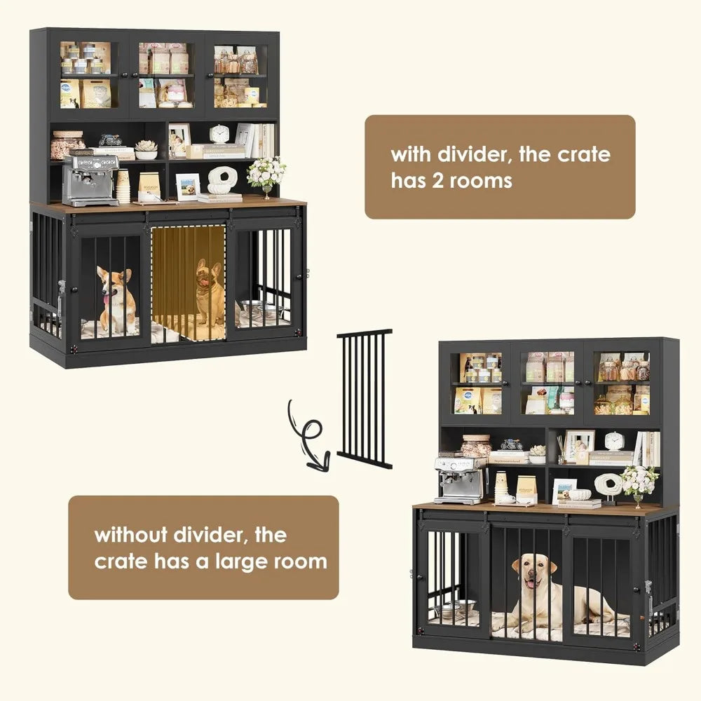 Dog Indoor Crate Furniture with Feeding Bowls