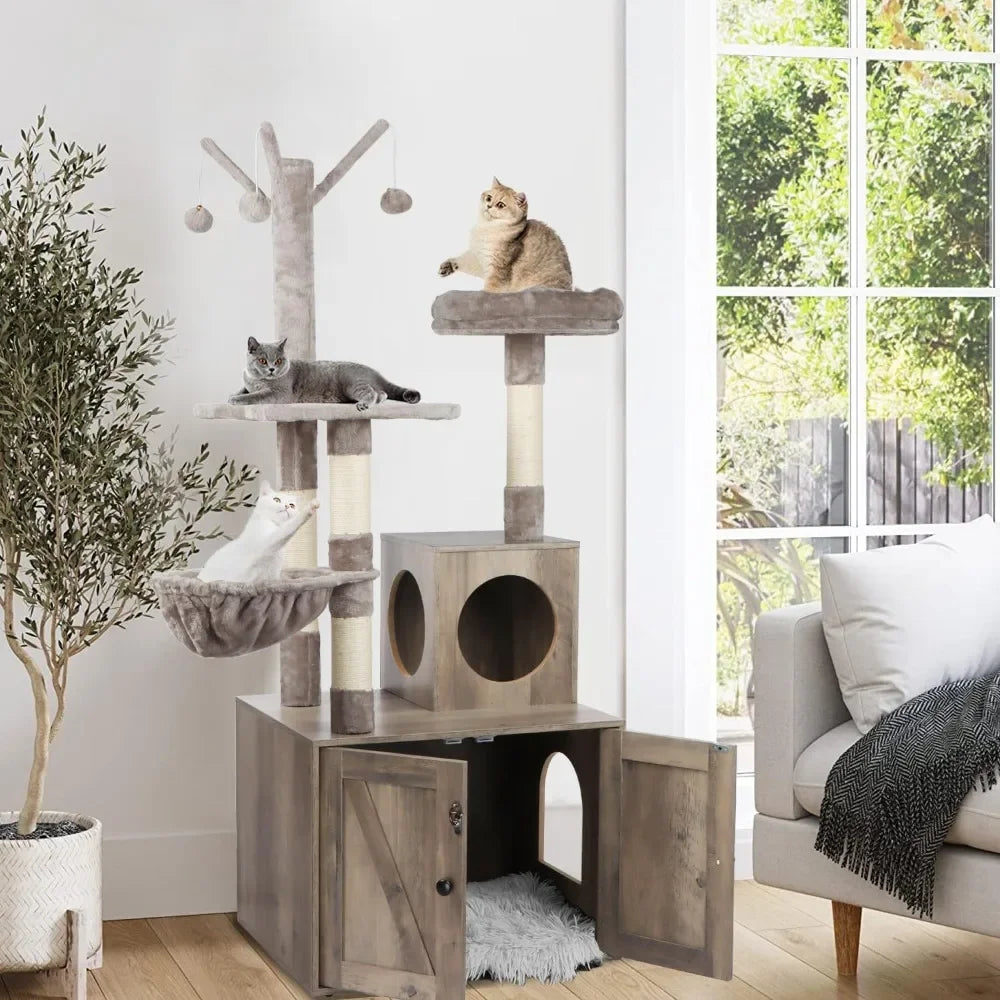 Wooden Cat House With Cat Tree Tower Scratcher