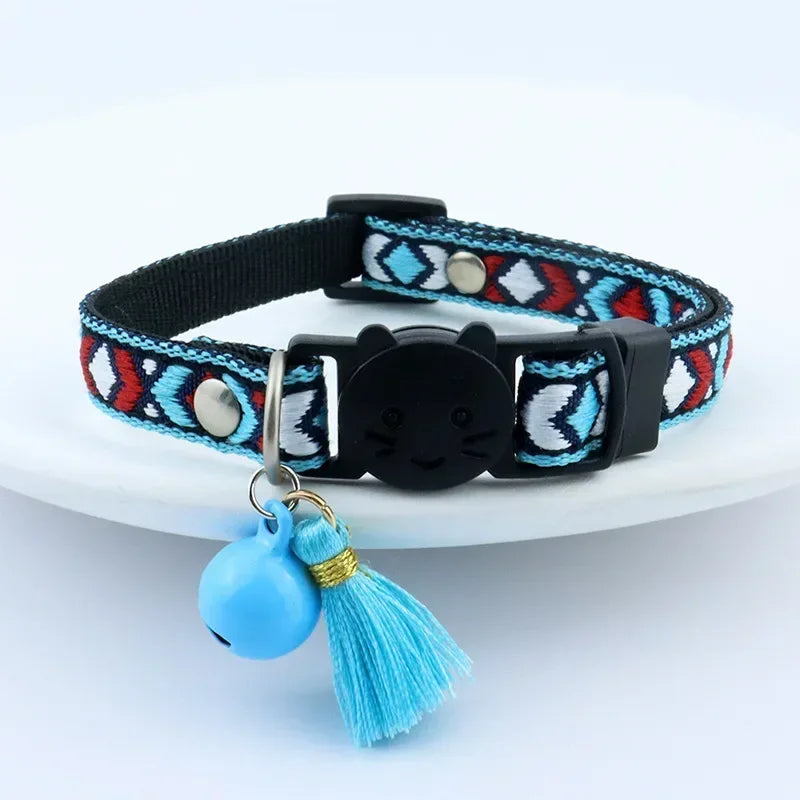 Adjustable cat collar with tassels and bells embellished