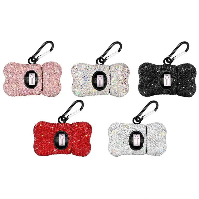 Rhinestone Pet Traction Rope Dog Garbage Bag Dispenser Bone Shaped Portable Pet Cleaning Supplies Retractable Dog Walking Rope