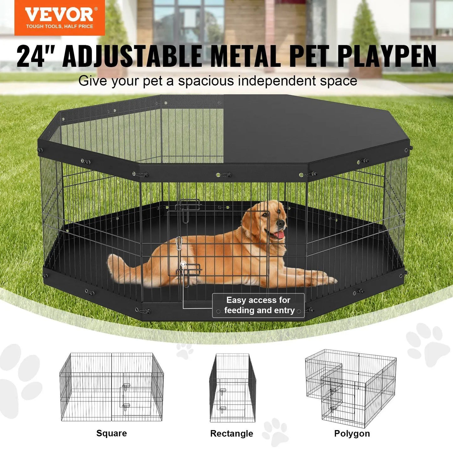 8 Panels Foldable Metal Dog Exercise Pen with Top Cover