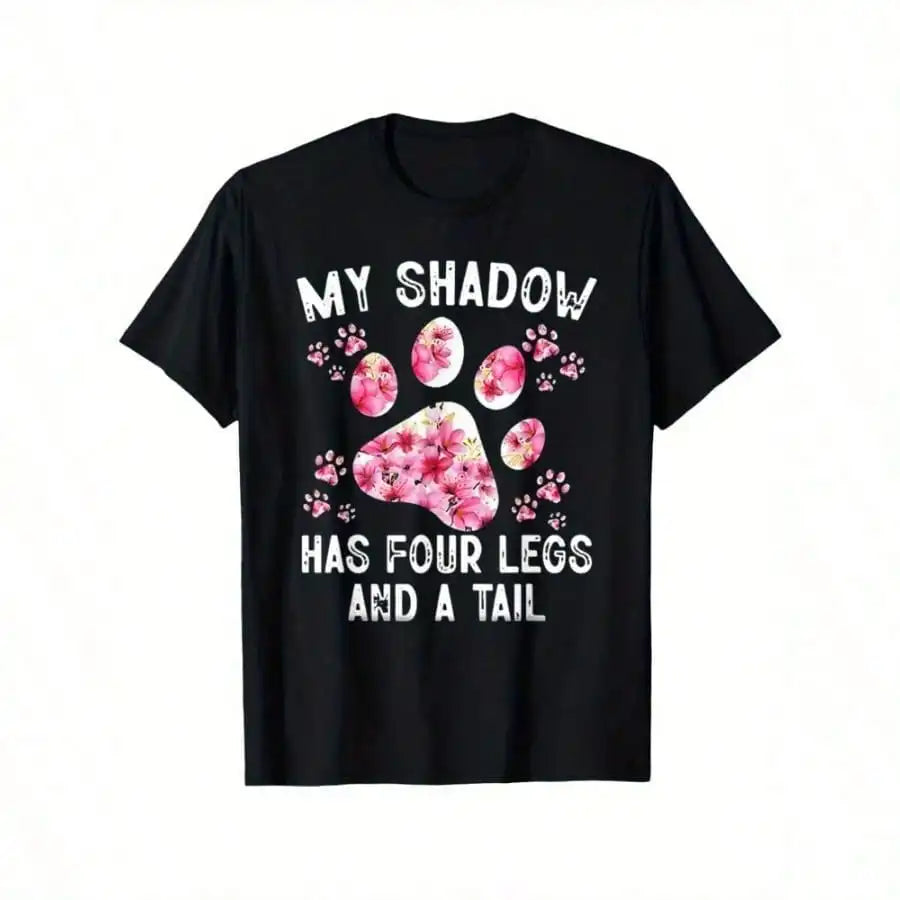 Black with Pink Floral Design, Four leg and Dog Paw T-Shirt
