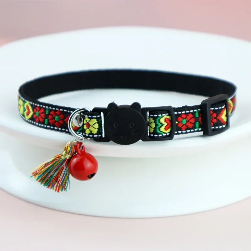 Adjustable cat collar with tassels and bells embellished