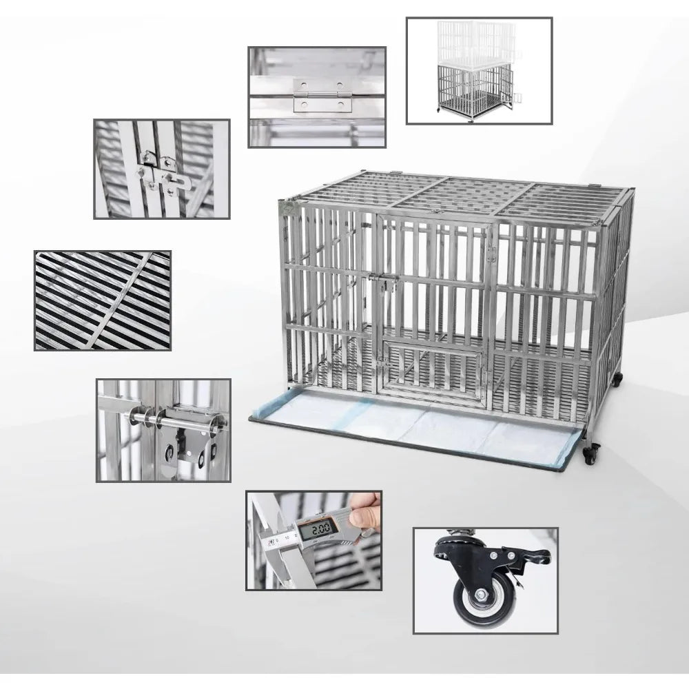 48 "stackable Heavy-duty Dog Cage Pet Stainless Steel Dog Cage, Suitable for Large Dogs, with A Tray Inside The Door, Foldable