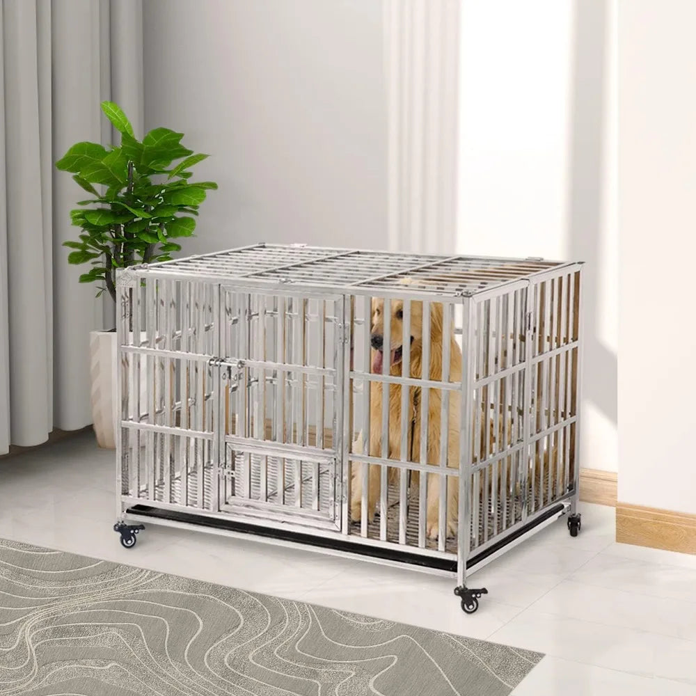 48 "stackable Heavy-duty Dog Cage Pet Stainless Steel Dog Cage, Suitable for Large Dogs, with A Tray Inside The Door, Foldable