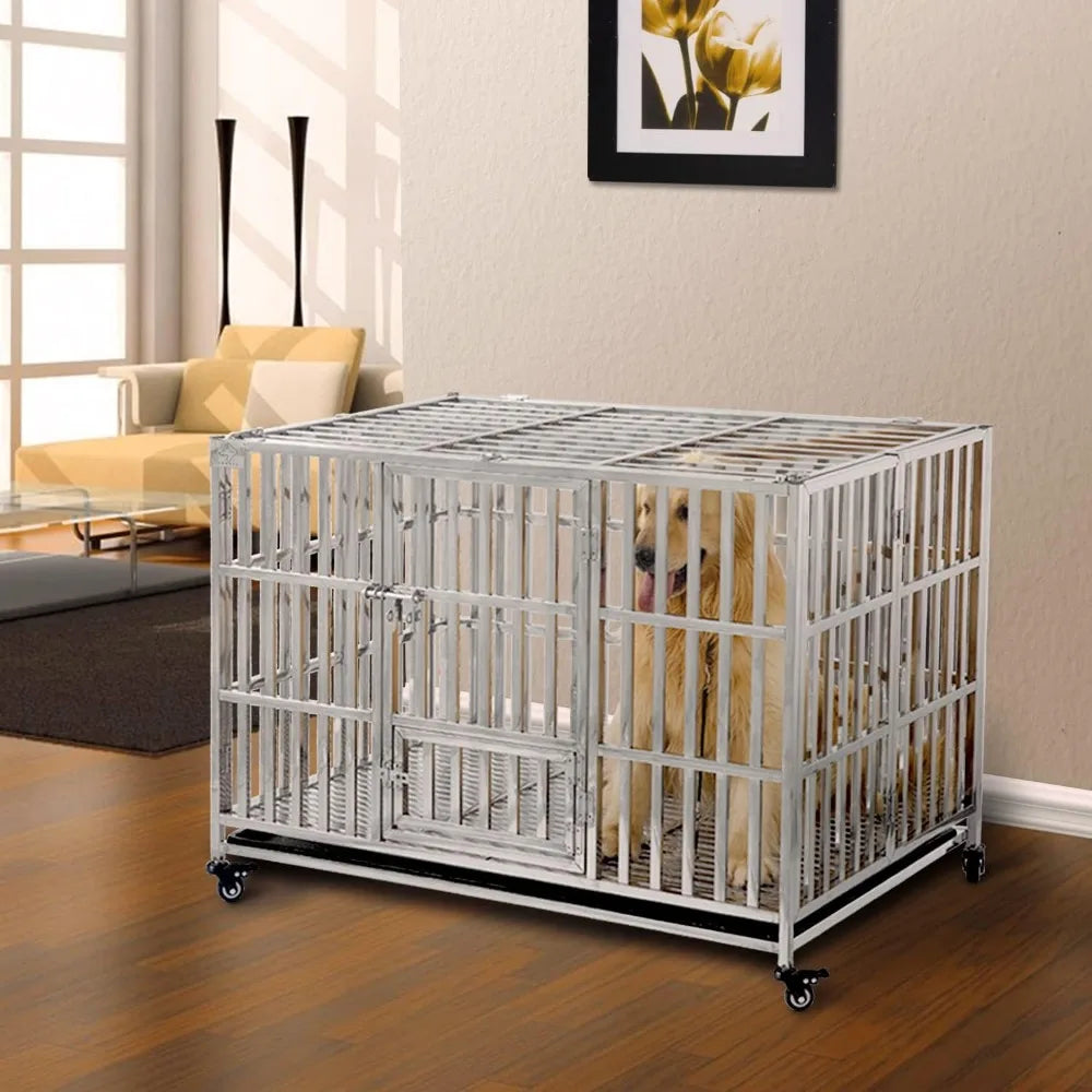 48 "stackable Heavy-duty Dog Cage Pet Stainless Steel Dog Cage, Suitable for Large Dogs, with A Tray Inside The Door, Foldable