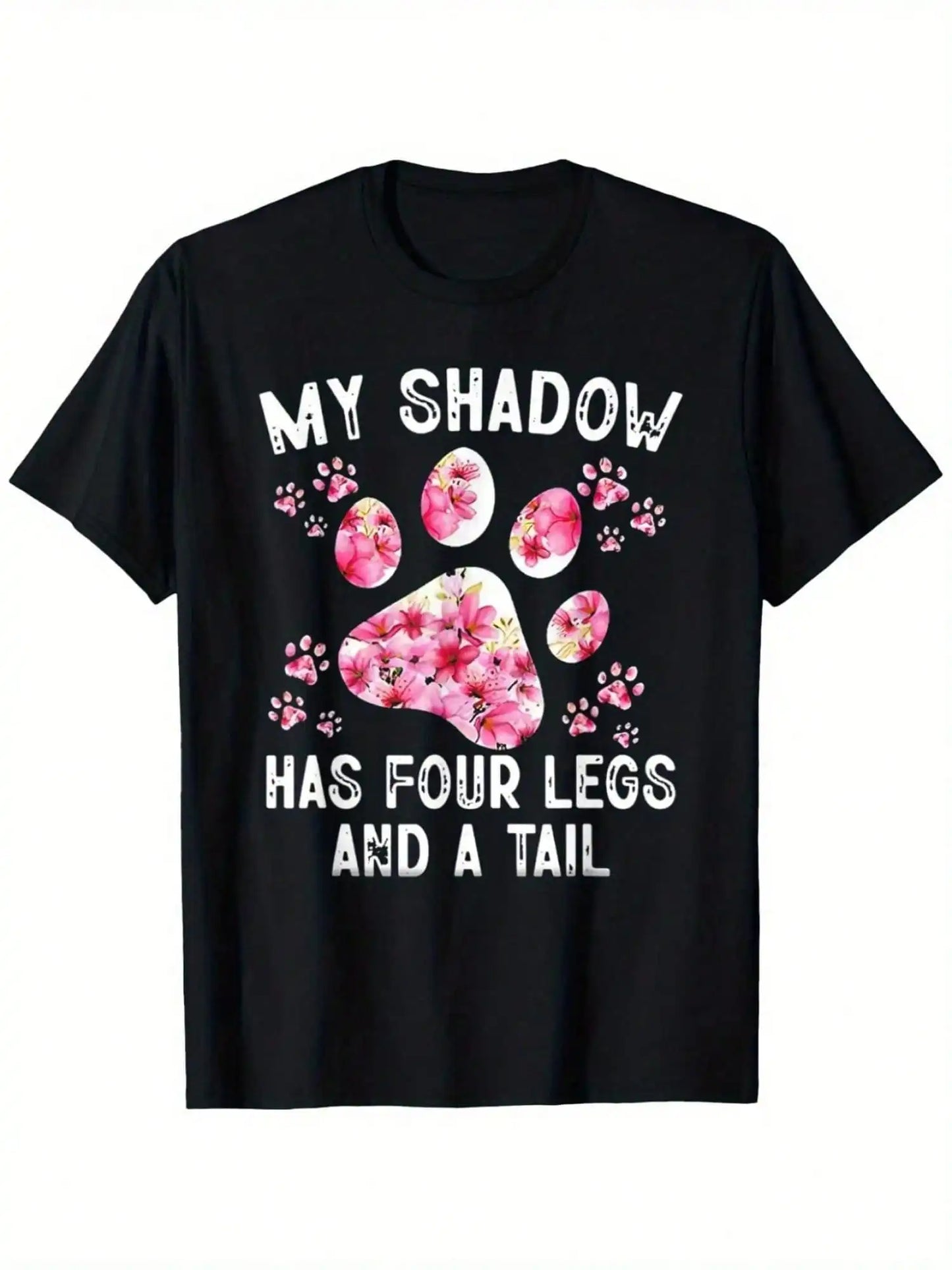 Black with Pink Floral Design, Four leg and Dog Paw T-Shirt