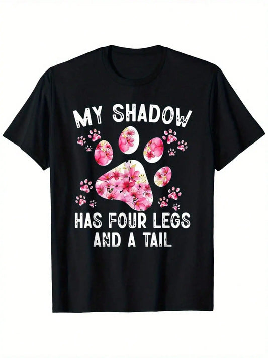 Black with Pink Floral Design, Four leg and Dog Paw T-Shirt