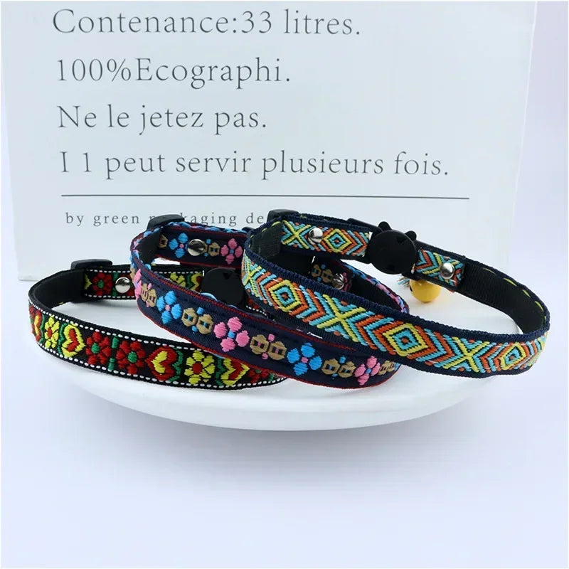 Adjustable cat collar with tassels and bells embellished