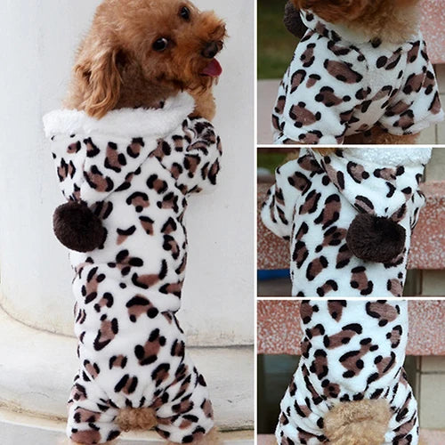 Dog Hoodie  Flannel Winter Warm Leopard  Jumpsuit Pajamas