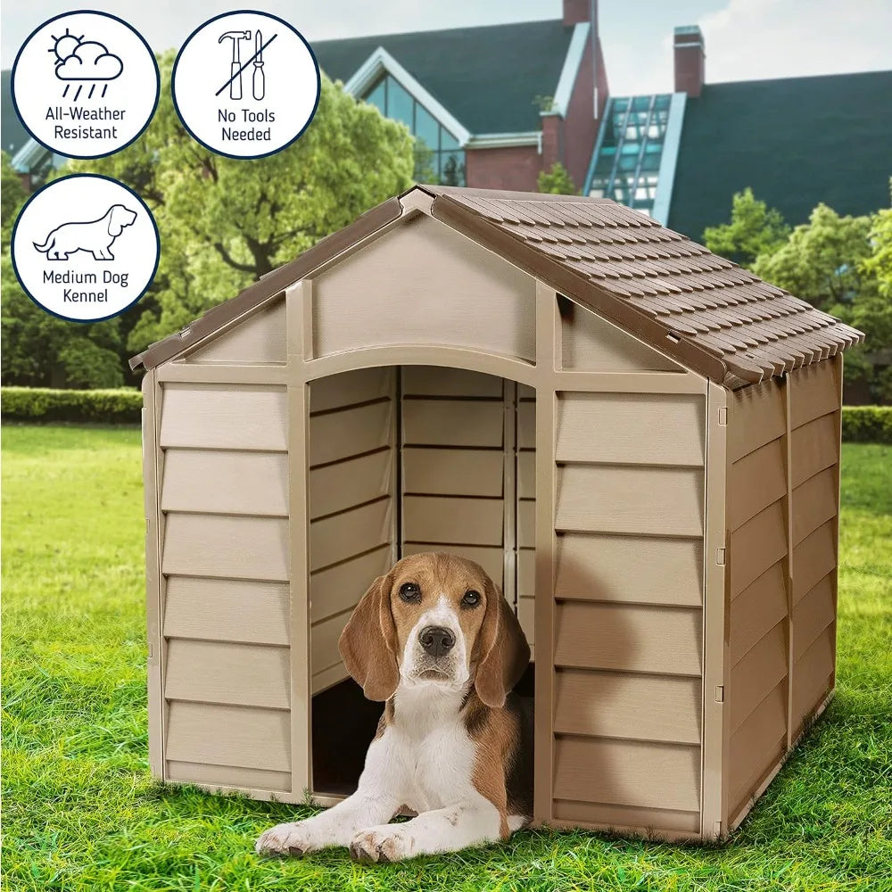 Small Dog Kennel: 1 Outdoor Plastic Pet House Houses and Habitats Easy to Assemble Cage for Dogs Weather & Water Resistant Home