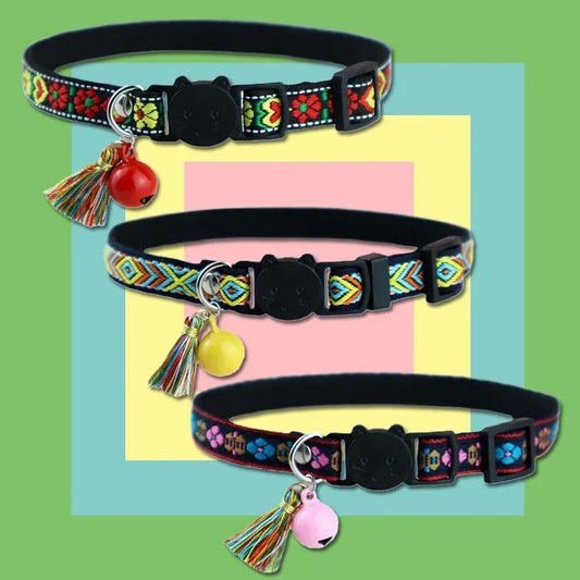 Adjustable cat collar with tassels and bells embellished