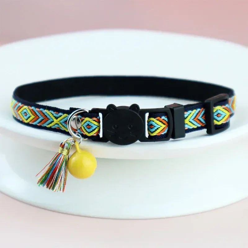 Adjustable cat collar with tassels and bells embellished