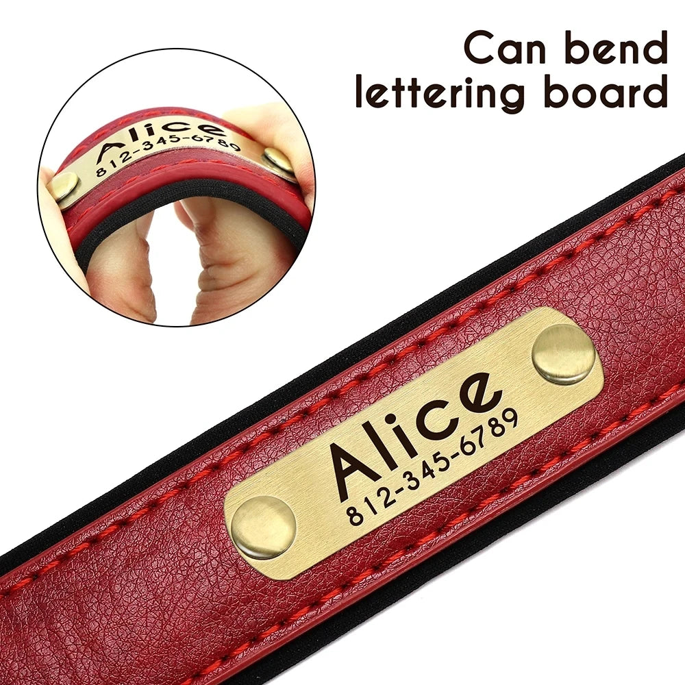 Customized Leather ID Nameplate Dog Collar Adjustable Soft Padded Dogs Collars Free Engraving Name for Small Medium Large Dogs