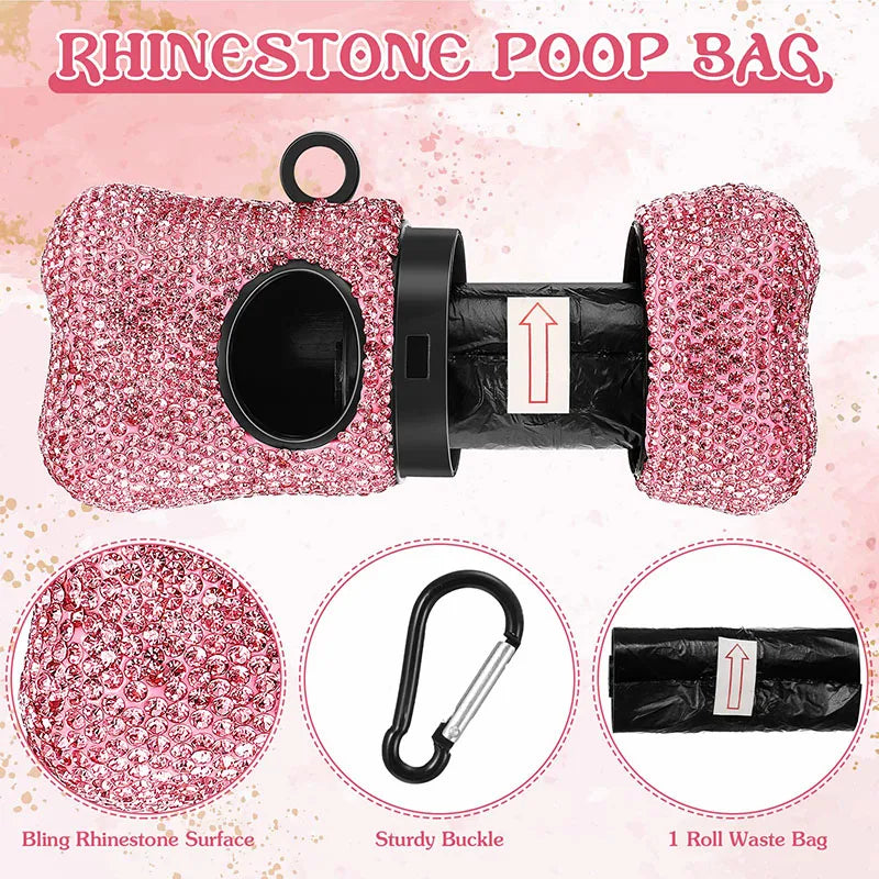 Rhinestone Pet Traction Rope Dog Garbage Bag Dispenser Bone Shaped Portable Pet Cleaning Supplies Retractable Dog Walking Rope