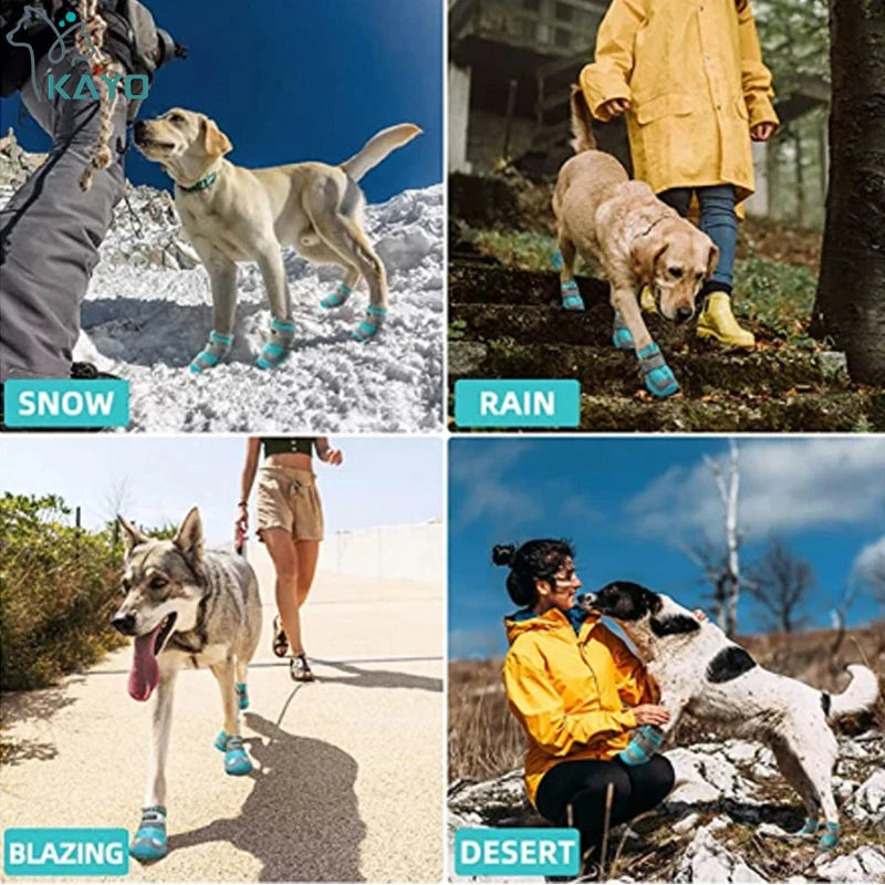 4pcs/set Pet Dog Shoes Reflective Waterproof Dog Boots Warm Snow Rain Pets Booties Anti-slip Socks Footwear For Medium Large Dog