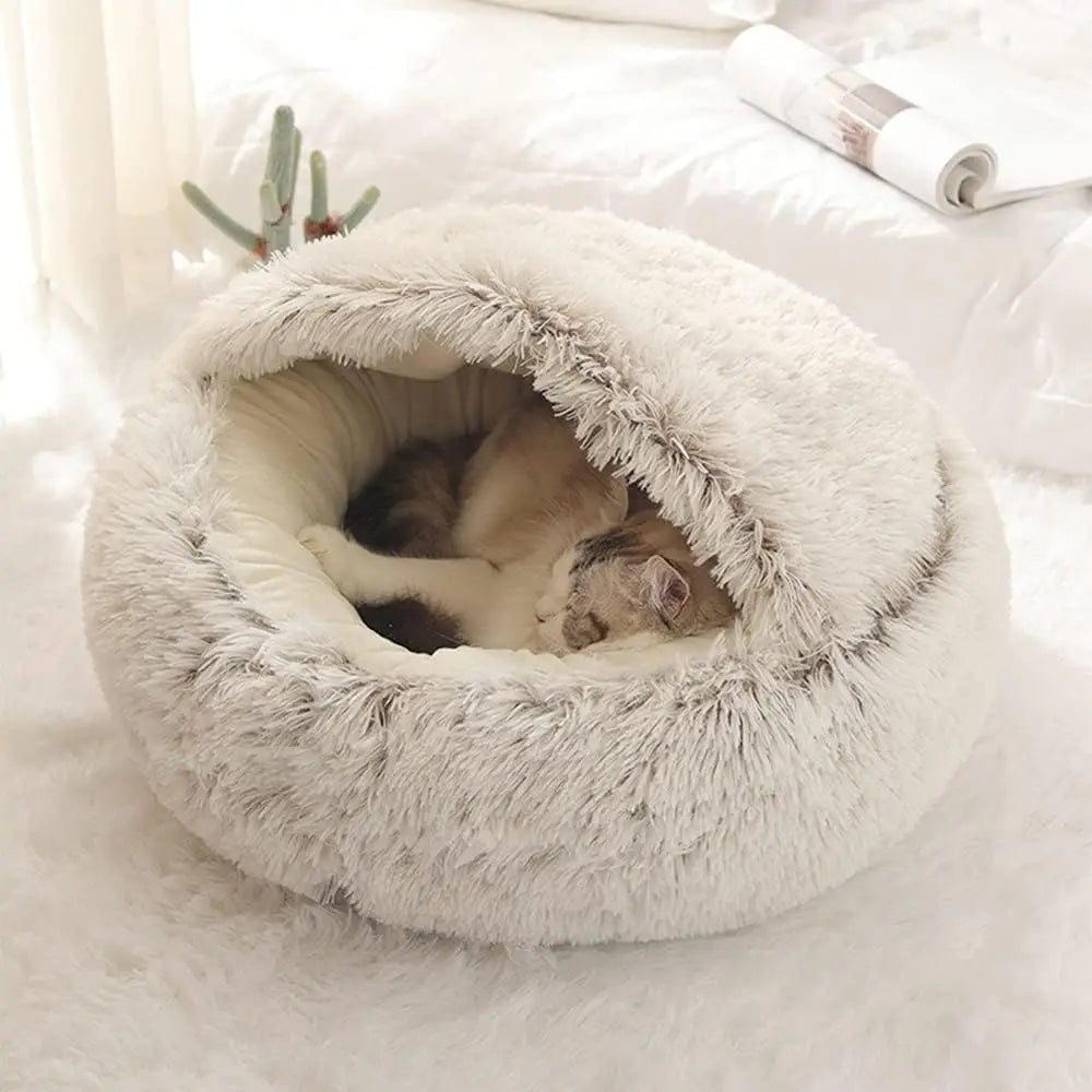 Soft Plush Pet Bed with Round Cover Round Cat Bed Pet Mattress Warm Cat Dog 2 in 1 Sleeping Nest Cave for Small Dogs