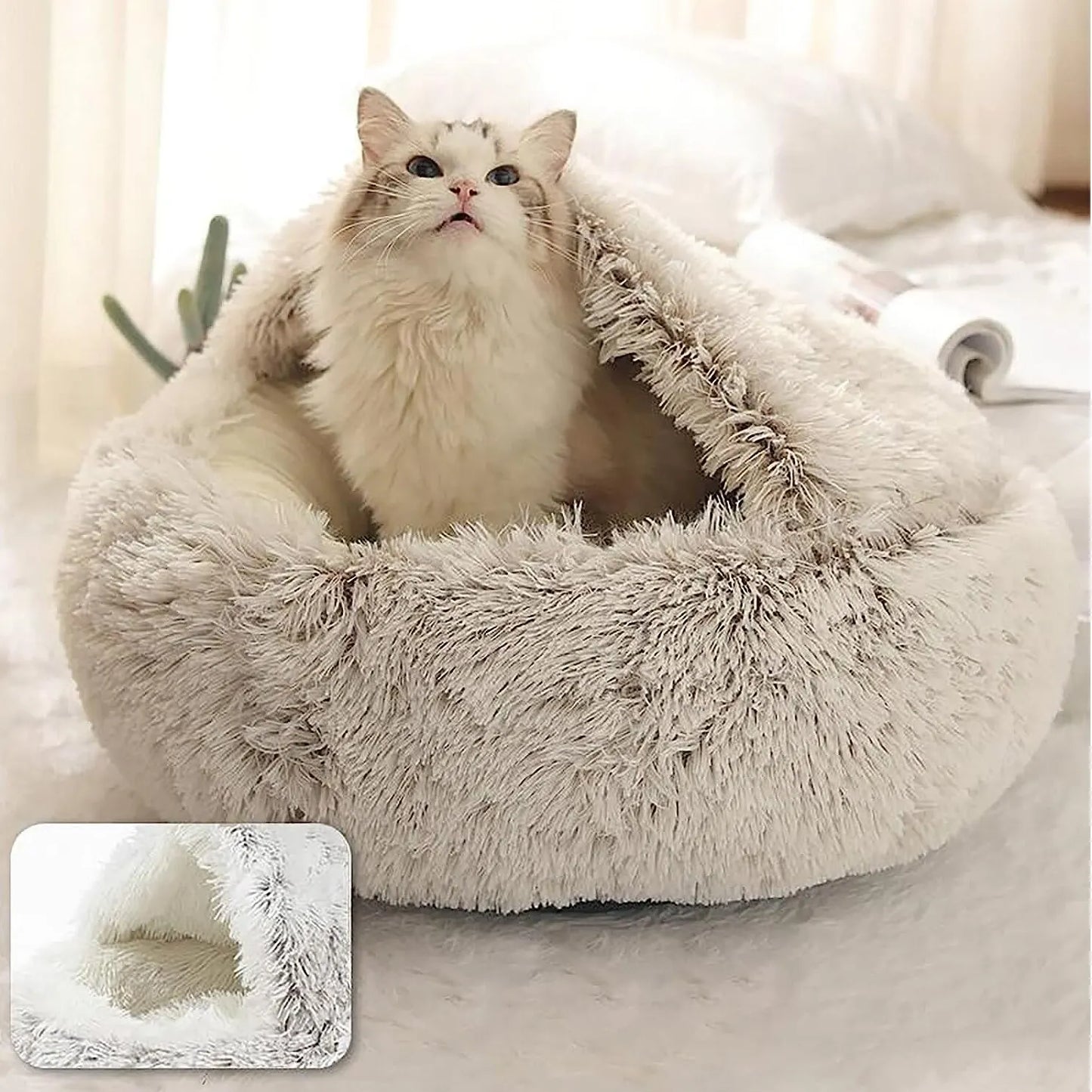 Soft Plush Pet Bed with Round Cover Round Cat Bed Pet Mattress Warm Cat Dog 2 in 1 Sleeping Nest Cave for Small Dogs