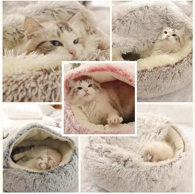 Soft Plush Pet Bed with Round Cover Round Cat Bed Pet Mattress Warm Cat Dog 2 in 1 Sleeping Nest Cave for Small Dogs