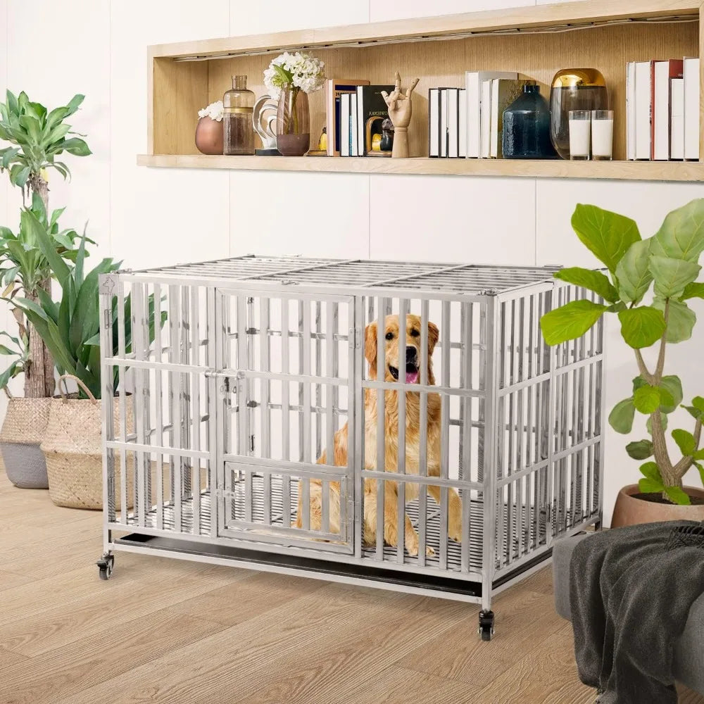 48 "stackable Heavy-duty Dog Cage Pet Stainless Steel Dog Cage, Suitable for Large Dogs, with A Tray Inside The Door, Foldable