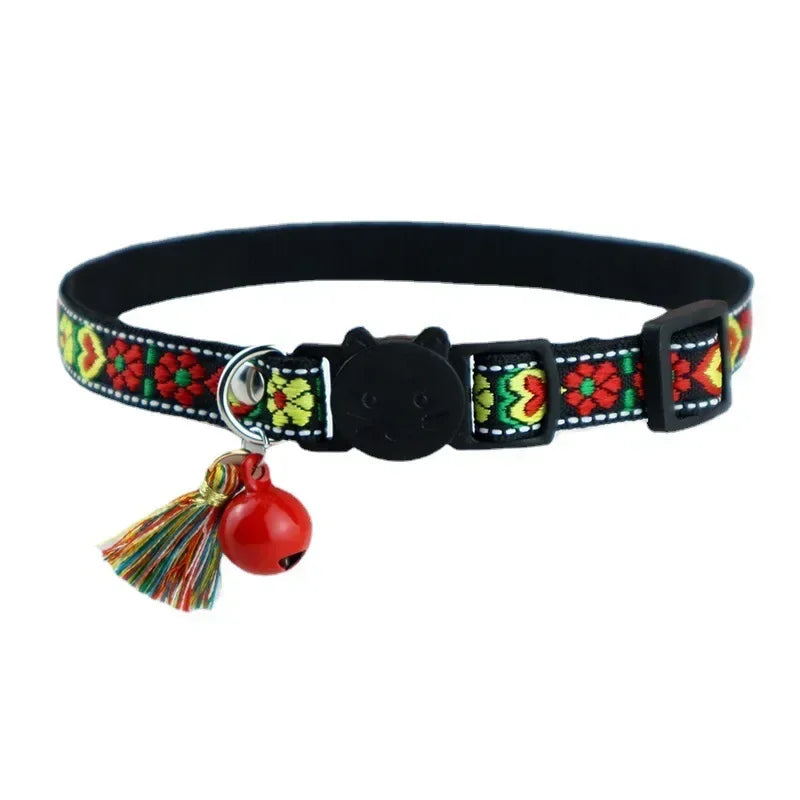Adjustable cat collar with tassels and bells embellished