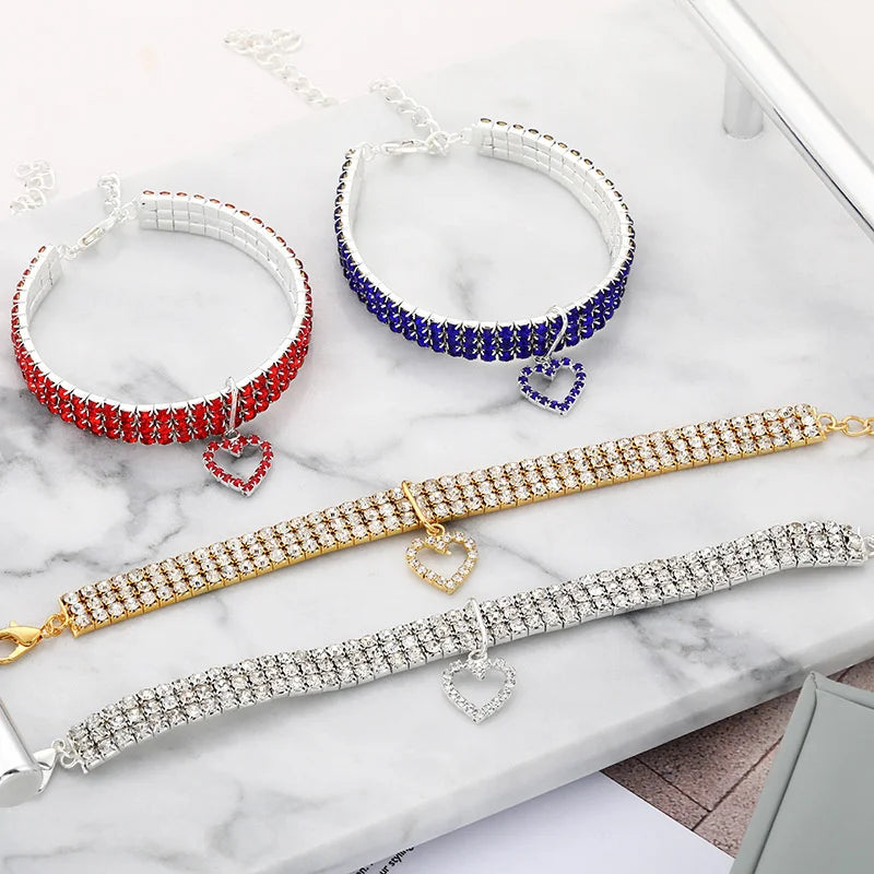 Pet Three Row Elastic Rhinestone Collars