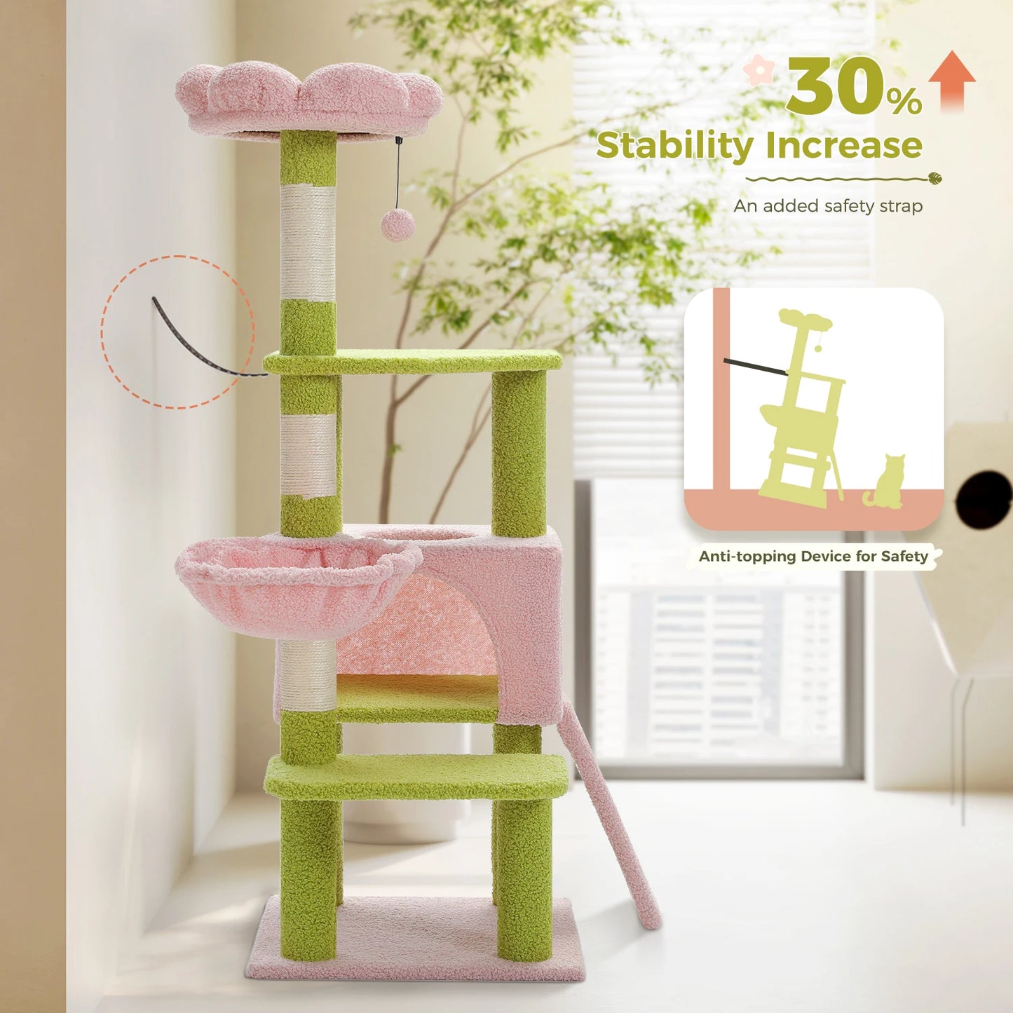 Flower Tree Multi-Level Cat Tower with Covered Scratching Posts