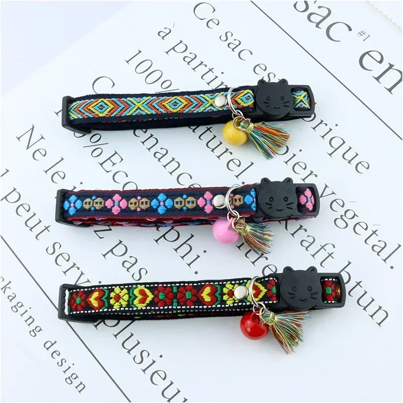 Adjustable cat collar with tassels and bells embellished